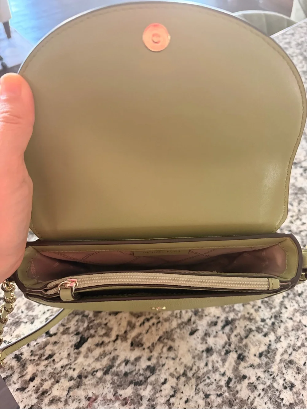 Michael Kors Olive Pebbled Leather Crossbody Saddle Bag with Gold Hardware